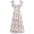 Elegant white floral midi dress with pink rose print and self-tie shoulder straps - XS / Dresses / Floral
