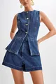 Stylish sleeveless denim vest and high-waist shorts set for women in dark blue - S / Tops