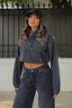 Fashionable washed black denim cropped hoodie styled with matching wide-leg jeans - S / Tops / Black