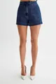 Detail view of high-waisted dark blue denim shorts with professional seam tailoring. - S / Bottoms