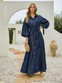 Elegant dark blue denim maxi dress with lantern sleeves and adjustable waist tie - S / Dresses / Dark Blue
