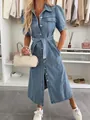 Fashionable light blue denim midi dress featuring a lapel collar and a tied waist belt. - S / Dresses / Blue