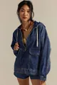Detailed view of women's loose washed denim hoodie featuring front zip and pocket - S / Tops / Dark Blue