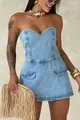 Detail view of a sexy strapless light blue denim romper with functional front pockets. - S / Set (031) / Blue