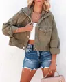Macro detail view of olive green hooded denim jacket with drawstrings and large flap pockets - S / Tops / Camel
