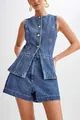 Detailed view of western style sleeveless denim vest and high-waisted shorts set. - Light Blue Set / S