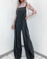 Retro washed black denim wide-leg overalls with frayed side seams for women fashion - S / Black