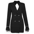 Robe blazer noire élégante avec boutons en diamant étincelants et poignets en plumes - XS / Robes / Noir