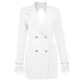 Robe blazer blanche élégante à double boutonnage avec poignets en plumes et dos nu - XS / Robes / Blanc