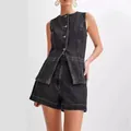 Chic dark grey sleeveless denim vest and high-waist shorts matching set for summer - S / Top And Bottom