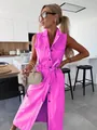 Robe longue en jean rose vif sans manches avec ceinture et boutons, vue variante SKU - Rose rouge