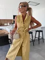 Longue robe en jean sans manches jaune élégante avec ceinture à nouer et boutons devant - Jaune Terre