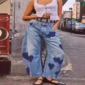 Jean en denim bleu clair ample pour femme avec motifs de cœurs foncés style décontracté - S / Bas / Cœur Bleu / 0,1