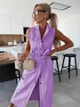 Robe longue en jean sans manches violette avec boutons sur le devant et ceinture - Violet