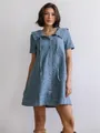 Vestido vaquero de manga corta con estampado de leopardo, cuello Peter Pan y lazos - S / Vestidos / Azul