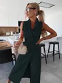 Robe longue en jean sans manches vert foncé élégante avec ceinture et boutons - Vert Foncé