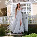 Elegant floral cami maxi dress with split leg and ruffle hem for summer vacation. - XS / Dresses / Light Blue