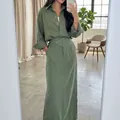 Elegant sage green long sleeve button-down dress with matching maxi skirt for women - XS / Top And Bottom / Olive Green