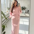 Elegant minimalist pink long sleeve shirt and matching straight midi skirt set for women - XS / Top And Bottom / Pink