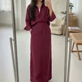 Elegant wine red two-piece set with button-down shirt and H-line straight skirt. - XS / Top And Bottom / Burgundy