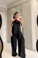Completo elegante in raso nero con top a lupetto e pizzo e pantaloni a gamba larga dettaglio - Taglia S / Top E Pantaloni / Nero