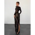Elegant black lace long-sleeved maxi dress with slit and slim fit silhouette - S / Dresses / Black