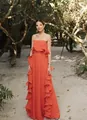 Elegant orange pleated strapless maxi dress with dramatic side ruffles for summer. - S / Dresses / Orange Red