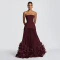 Elegant strapless wine red evening dress with pleated skirt and 3D floral hem - XS / Dresses / Burgundy