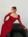 Elegantes rotes Langarmkleid mit Karree-Ausschnitt und Taillenbetonung aus Spitze - S / Kleider / Rot