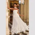 Elegant white strapless pleated evening gown with 3D floral petals and a long train. - XS / Dresses / White