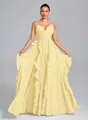 Elegant yellow pleated ruffled floor-length spaghetti strap evening dress with sweetheart neckline - S / Dresses / Yellow