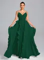 Elegant dark green pleated evening dress with ruffle details and v-neck design - Green