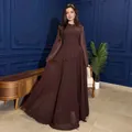 Elegant chocolate brown long sleeve maxi dress with ruffled waist and flowing skirt. - XS / Dresses / Coffee