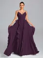 Elegant dark purple pleated evening gown with ruffle detail and spaghetti straps - Deep purple