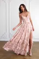Elegant pink floral spaghetti strap maxi dress with a corset waist and tiered ruffles - XS / Dresses / Pink
