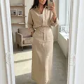 Elegant beige linen-look long-sleeved shirt and straight maxi skirt set for summer daily wear - XS / Top And Bottom / Apricot