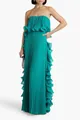 Elegant teal pleated strapless maxi dress featuring tiered ruffles and flowing pleated skirt - S / Dresses / Green
