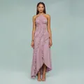 Elegant mauve pleated halter neck maxi dress with asymmetric ruffles for summer events - XS / Dresses / Lotus Pink