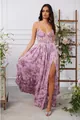 Elegant floral spaghetti strap maxi dress in pink with corset bodice and high slit - XS / Dresses / Dark Violet