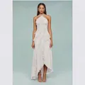 Elegant pleated lavender halter neck maxi dress featuring ruffled asymmetrical hemline - XS / Dresses / White