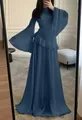 Elegant deep blue slim fit long maxi dress with bell sleeves and ruffles - XS / Dresses / Dark Blue