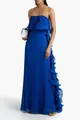 Elegant cobalt blue pleated strapless maxi dress featuring a chic side ruffle detail - S / Dresses / Blue