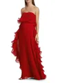 Elegant red strapless pleated maxi dress with tiered ruffle detailing for summer. - Red