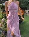 Elegant lavender pleated halter neck maxi dress with cascading ruffle detailing for summer - XS / Dresses / Light Purple