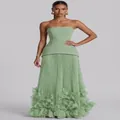 Elegant sage green strapless evening gown with pleated skirt and 3D floral petal hem design - XS / Dresses / Green