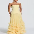 Yellow strapless evening gown with 3D floral petals and pleated maxi skirt. - XS / Dresses / Light Yellow