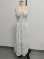 Elegant floral spaghetti strap maxi dress with ruffled hem and corset bodice in light blue - XS / Dresses / Custom Blue