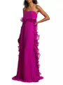 Elegant fuchsia pleated strapless floor-length dress with side ruffle details for summer - Purple