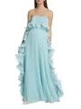 Elegant light blue strapless pleated maxi dress featuring tiered ruffle side detailing - Emerald