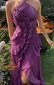Elegant purple pleated halter dress with sculptural ruffles and backless design - XS / Dresses / Deep purple